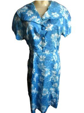 True Vintage Dress Medium Blue Floral Short-Sleeve Large Collar Granny 1960s